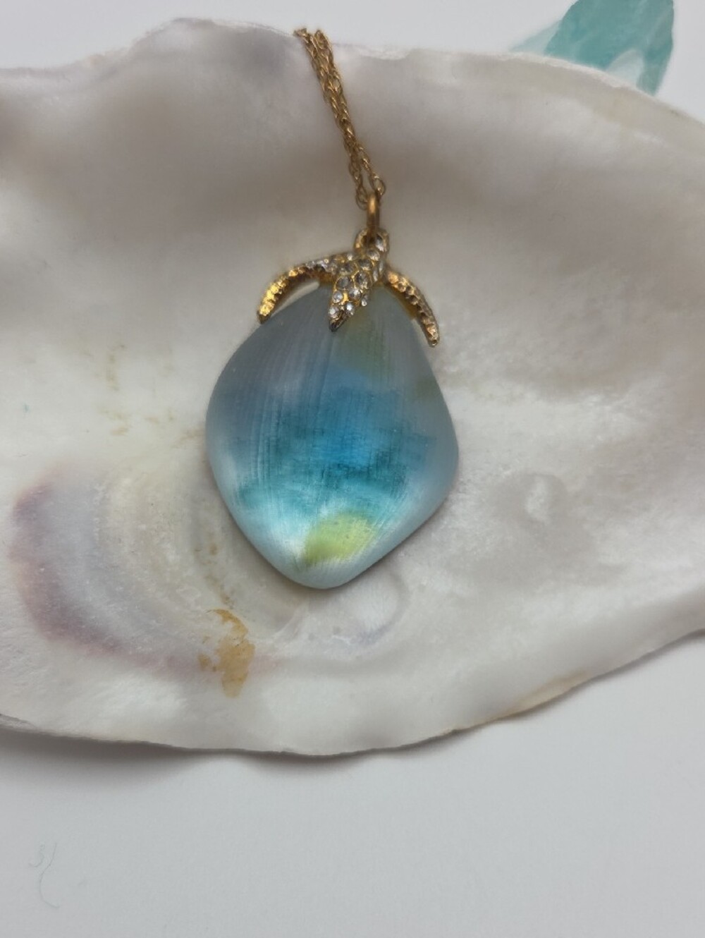 Alexis Bittar Hand Carved Lucite Shell Pendant Necklace Gold Tone